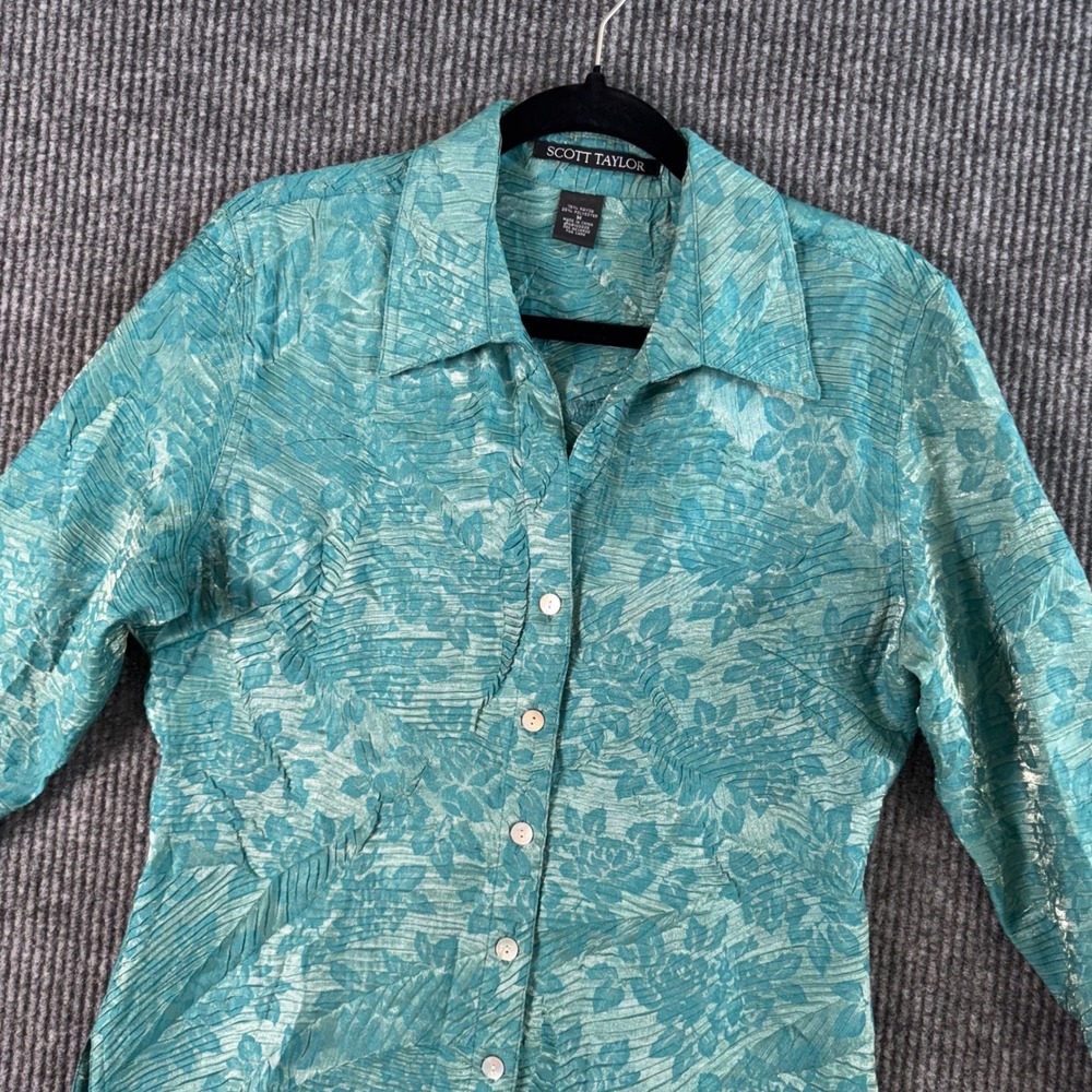 Scott Taylor Womens M Floral Textured Blouse Turquoise Retro Western Boho Chic